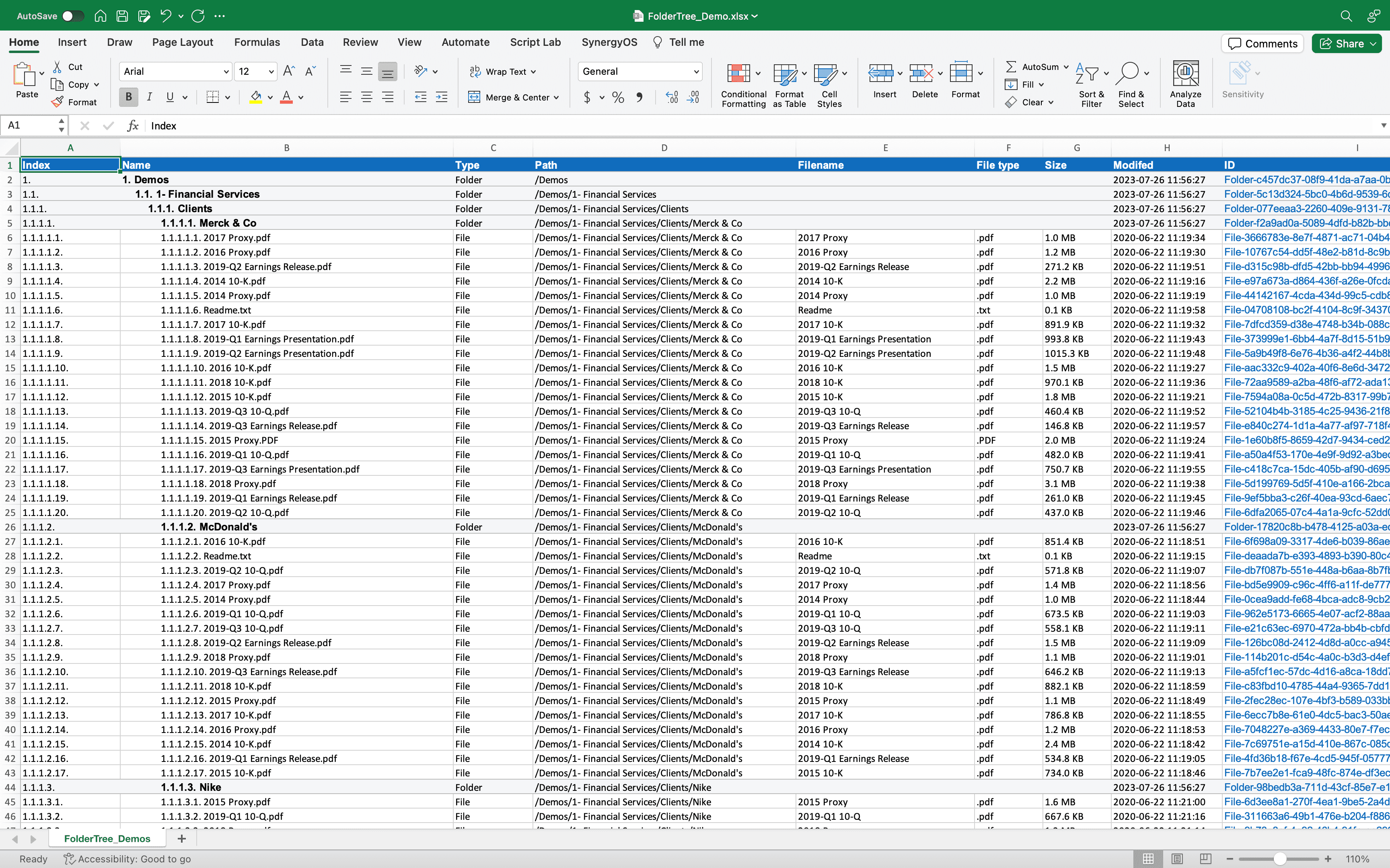 Exported Index Example in Excel